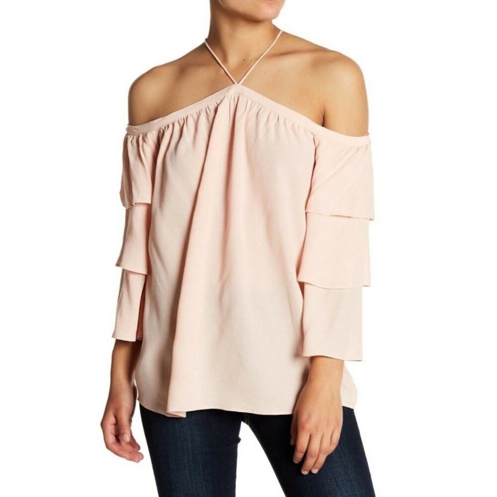 NWT 1. State Blush Pink Halter Top Tiered Ruffle Sleeve Blouse Shirt Medium